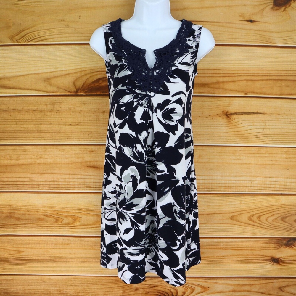 En Focus Studio Sleeveless Dress Womens 4 Stretch Black White Navy Embroidery